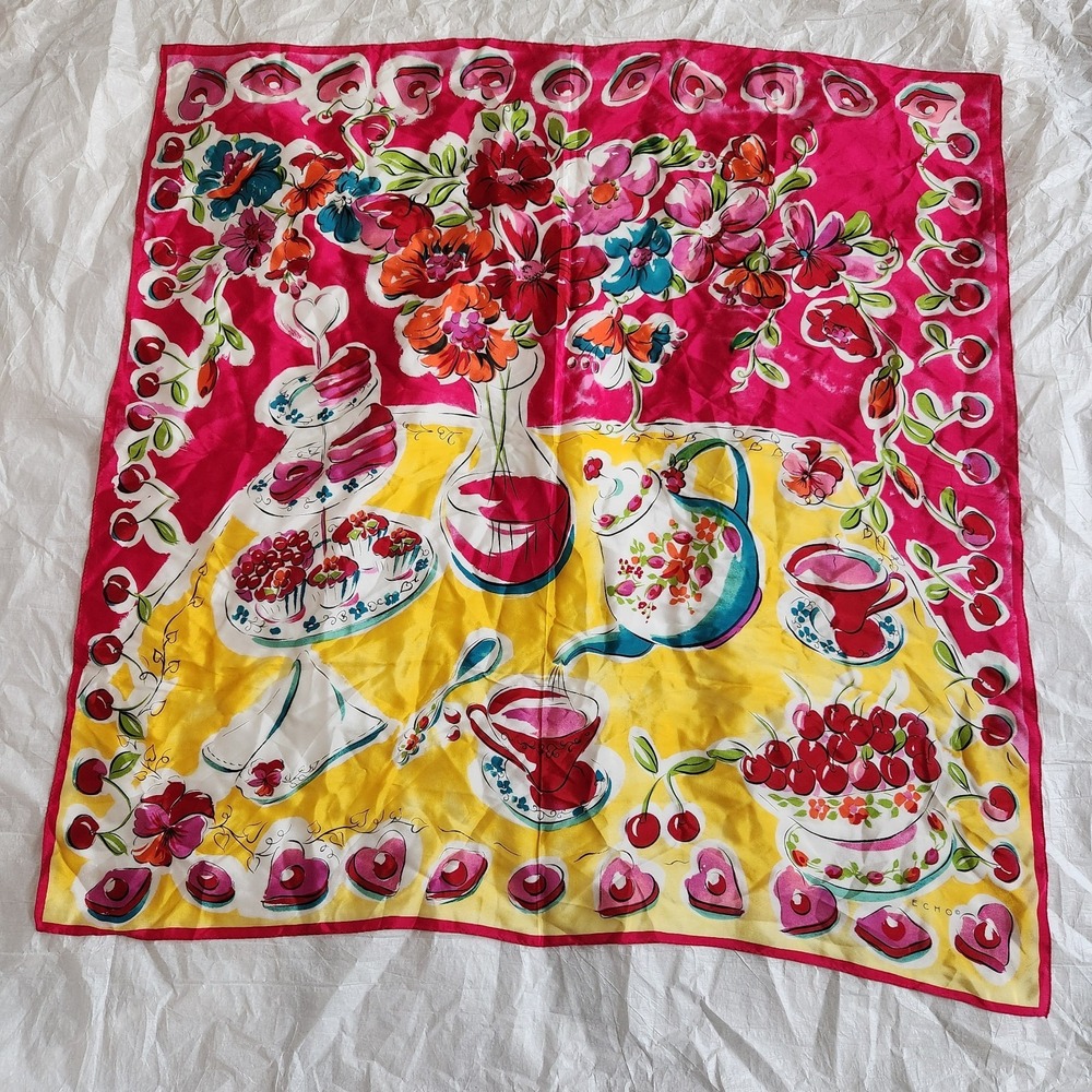 Vintage ECHO Silk Scarf Large 34" Square Pink Yellow Tea Party Floral Japan 100%